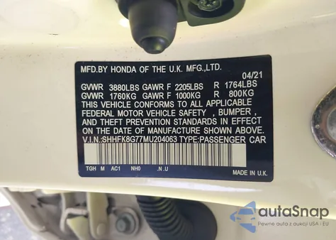 2021 Honda Civic Type R Touring from USA, damaged, VIN SHHFK8G77MU204063